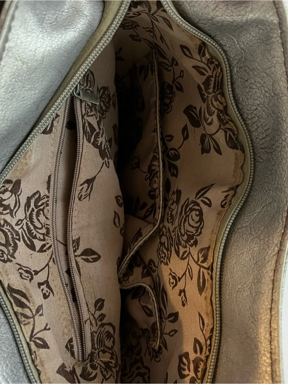 Limelight Metallic Silver Tote Bag, Brown Trim, Braided Detail & Floral Lining - Picture 10 of 16